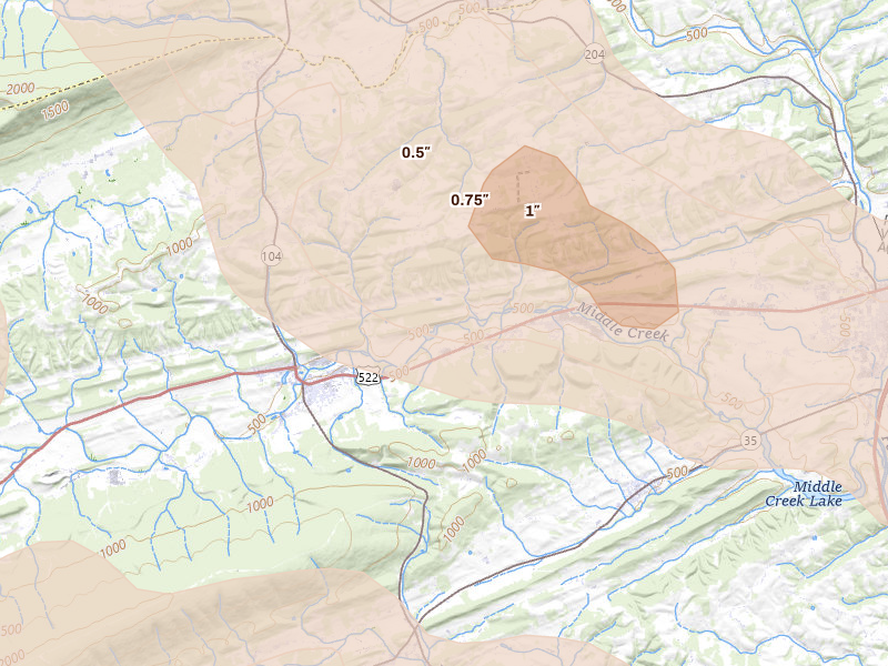 Radar-estimated hail-size map of the storm over Middleburg, PA on Sep 2, 2026