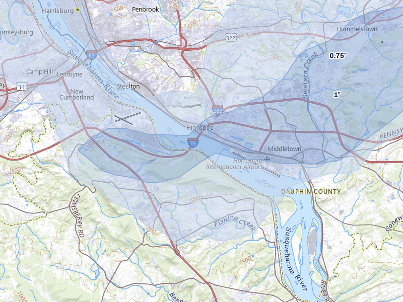 NEXRAD radar-signature map of the hail storm over Middletown, PA on Jul 5, 2026