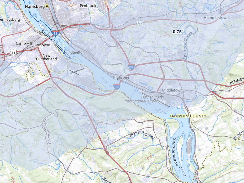 NEXRAD radar-signature map of the hail storm over Middletown, PA on Jul 28, 2026
