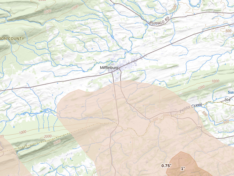 Radar-estimated hail-size map of the storm over Mifflinburg, PA on Sep 2, 2026