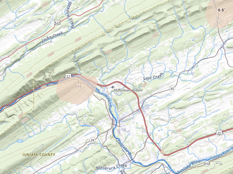 Radar-estimated hail-size map of the storm over Mifflintown, PA on Jul 4, 2026