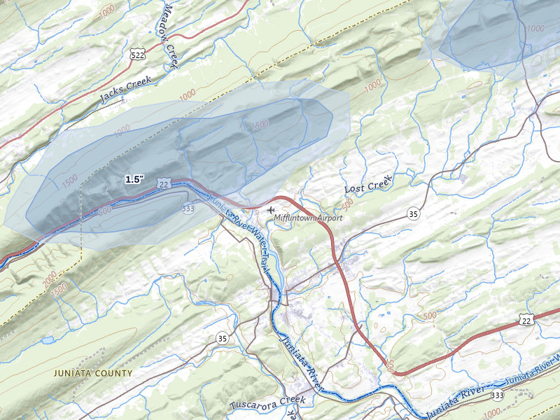 NEXRAD radar-signature map of the hail over Mifflintown, PA