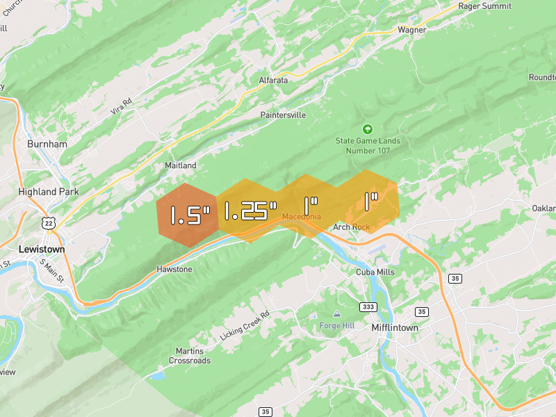 Hail map of Mifflintown, PA on Jul 4, 2026, hail up to 1.5"