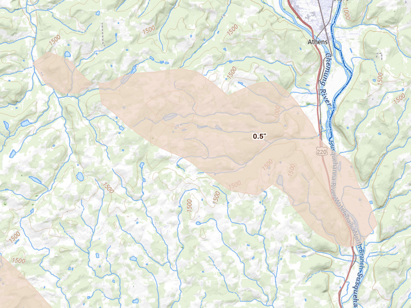 Radar-estimated hail-size map of the storm over Milan, PA on Sep 1, 2026