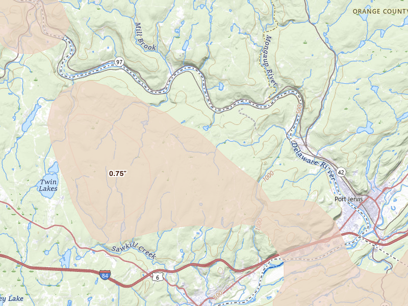 Radar-estimated hail-size map of the storm over Milford, PA on Jul 3, 2026