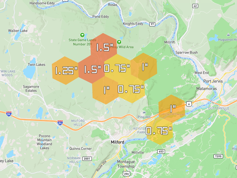 Hail map of Milford, PA on Jul 3, 2026, hail up to 1.5"