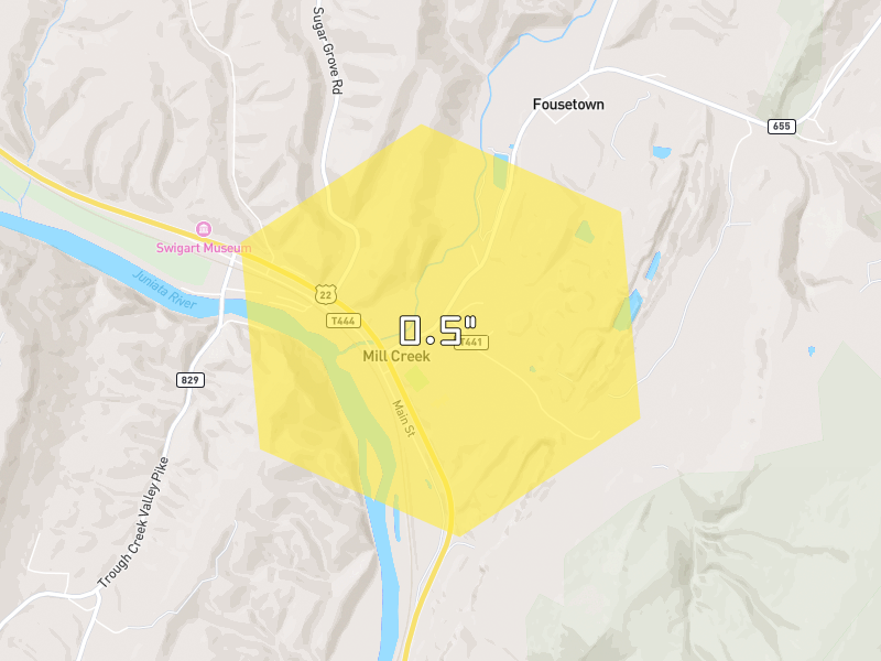 Hail map of Mill Creek, PA on Jul 28, 2026, hail up to 0.5"
