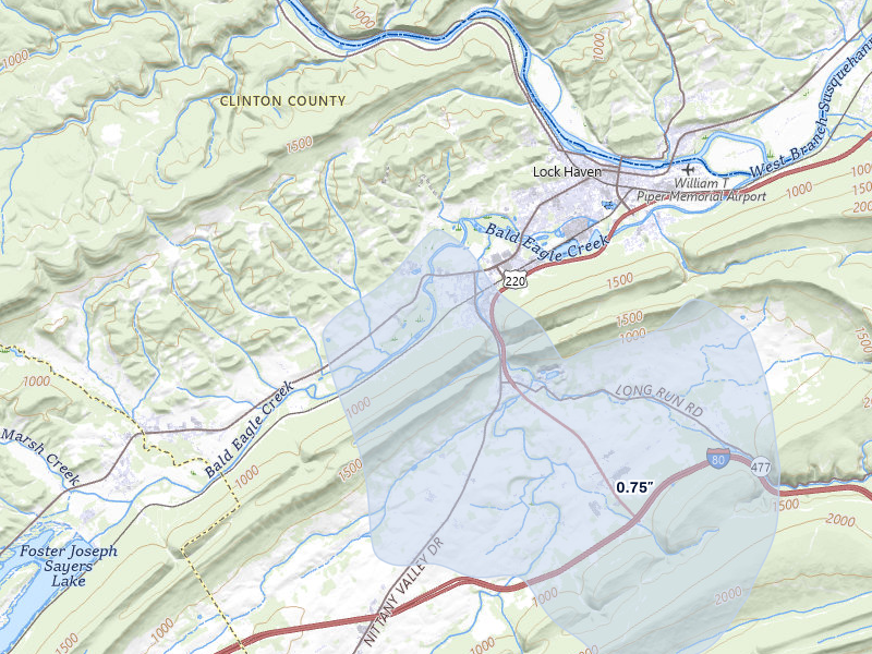 NEXRAD radar-signature map of the hail over Mill Hall, PA