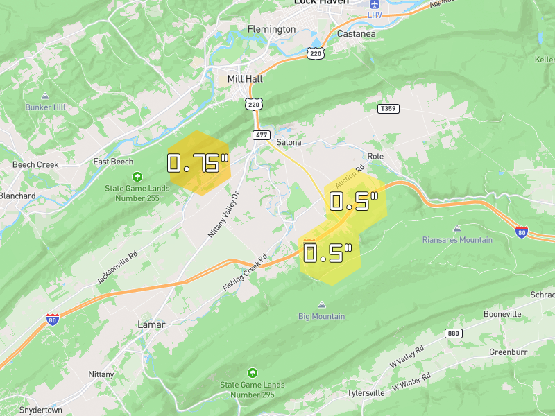 Hail map of Mill Hall, PA on Jun 6, 2026, hail up to 0.75"