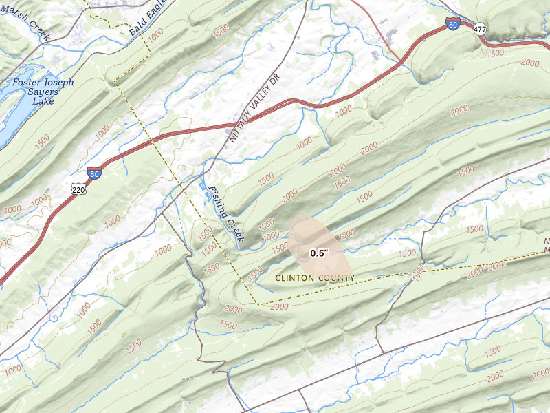 Radar-estimated hail-size map of the storm over Mill Hall, PA on Sep 1, 2026