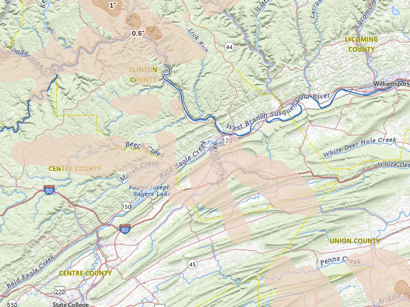 Radar-estimated hail-size map of the storm over Mill Hall, PA on Sep 2, 2026