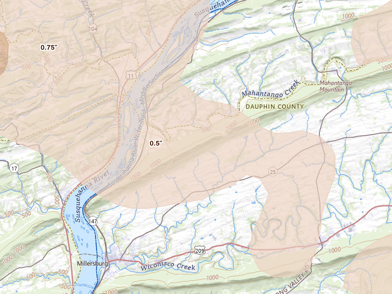Radar-estimated hail-size map of the storm over Millersburg, PA on Sep 2, 2026