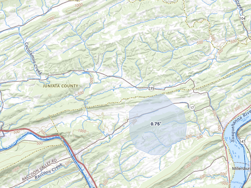 NEXRAD radar-signature map of the hail storm over Millerstown, PA on May 13, 2026