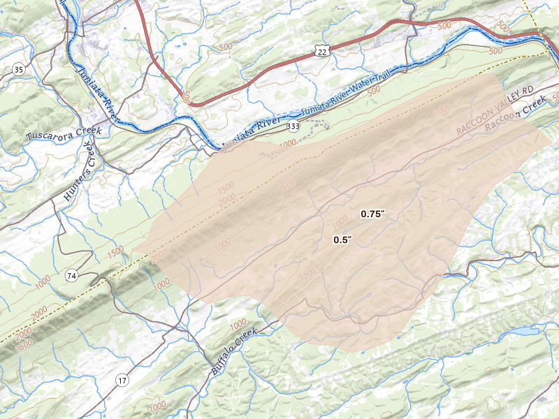 Radar-estimated hail-size map of the storm over Millerstown, PA on Aug 27, 2026