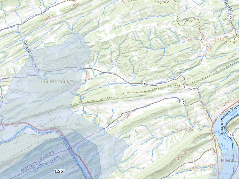 NEXRAD radar-signature map of the hail storm over Millerstown, PA on Aug 27, 2026