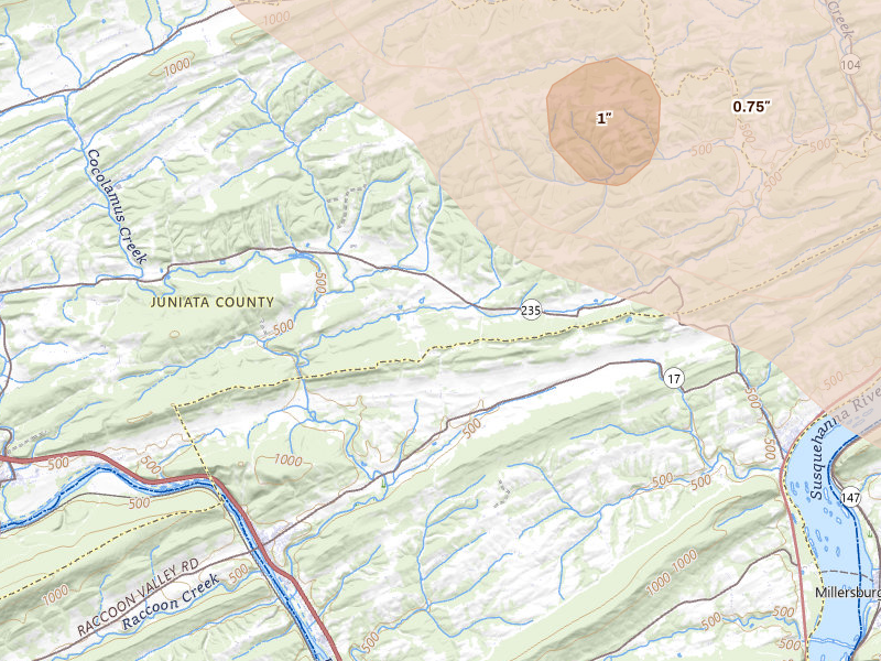 Radar-estimated hail-size map of the storm over Millerstown, PA on Sep 2, 2026