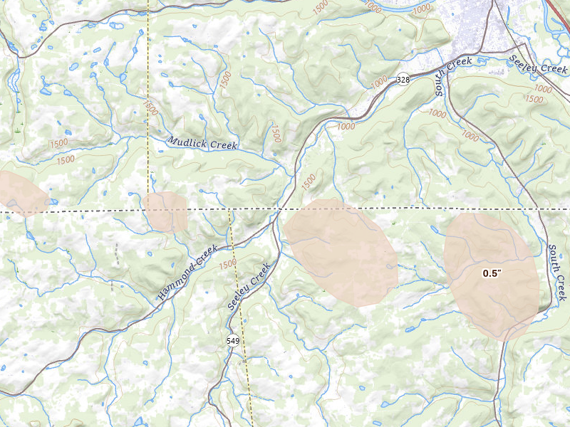Radar-estimated hail-size map of the storm over Millerton, PA on Apr 15, 2026