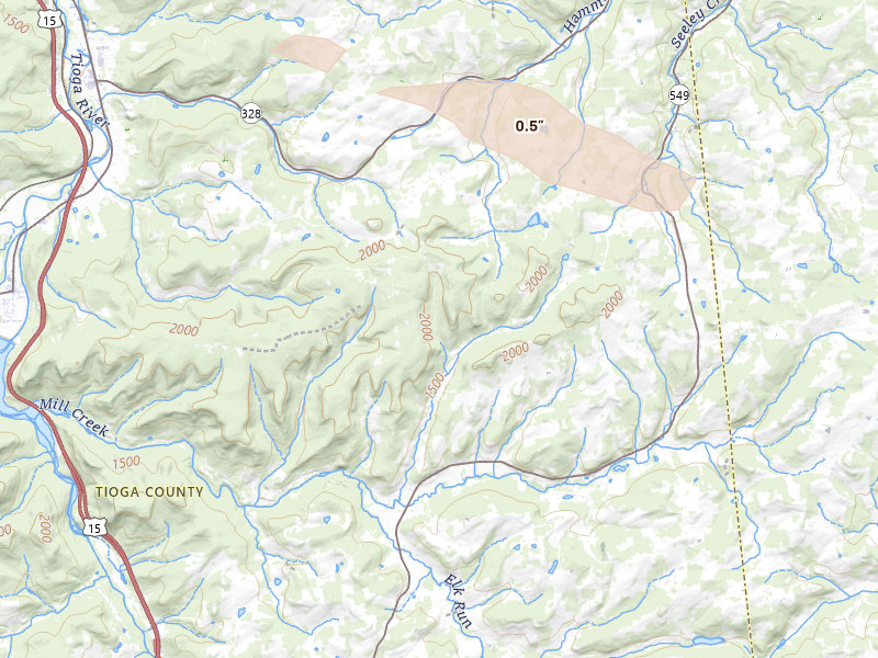 Radar-estimated hail-size map of the storm over Millerton, PA on Sep 2, 2026