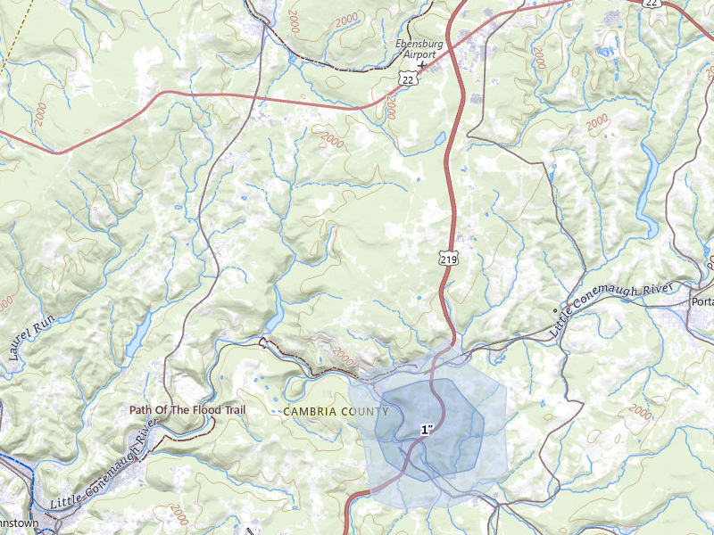 NEXRAD radar-signature map of the hail over Mineral Point, PA