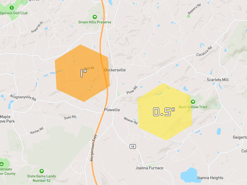 Hail map of Mohnton, PA on Jul 5, 2026, hail up to 1"