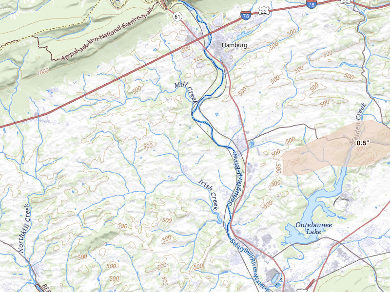 Radar-estimated hail-size map of the storm over Mohrsville, PA on Jul 21, 2026