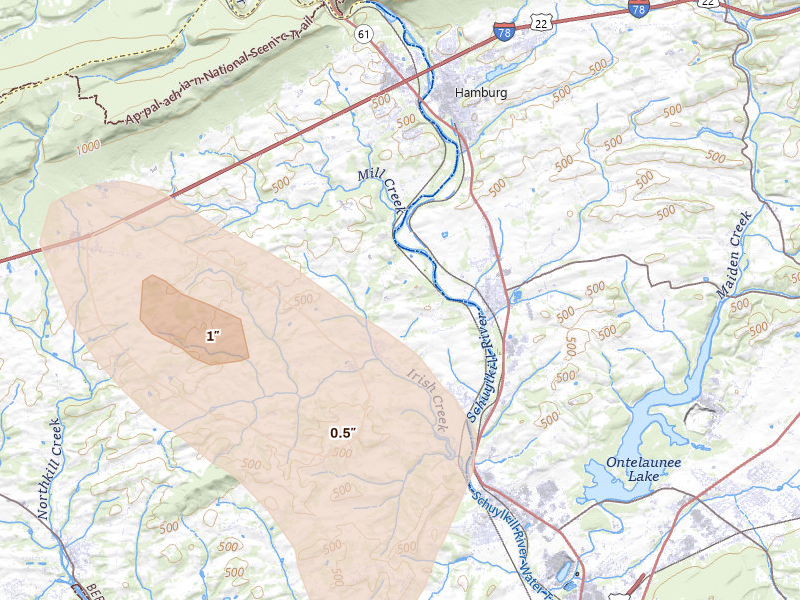 Radar-estimated hail-size map of the storm over Mohrsville, PA on Sep 1, 2026