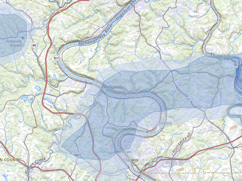 NEXRAD radar-signature map of the hail storm over Monongahela, PA on May 13, 2026