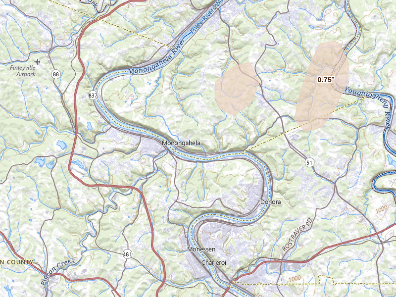 Radar-estimated hail-size map of the storm over Monongahela, PA on Jun 6, 2026