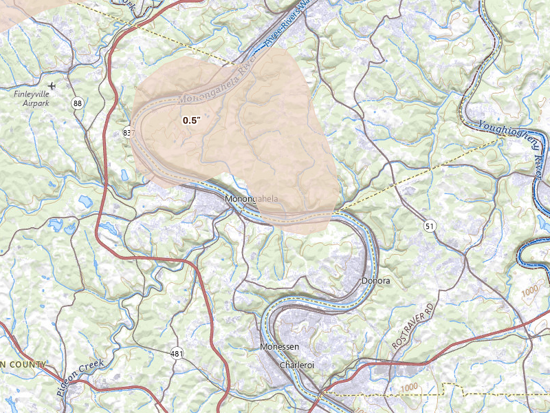 Radar-estimated hail-size map of the storm over Monongahela, PA