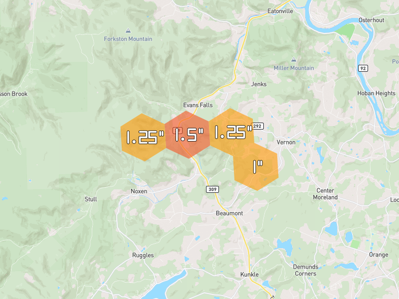 Hail map of Monroe Township, PA on Jul 4, 2026, hail up to 1.5"