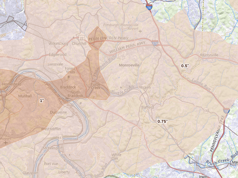 Radar-estimated hail-size map of the storm over Monroeville, PA on Sep 3, 2026