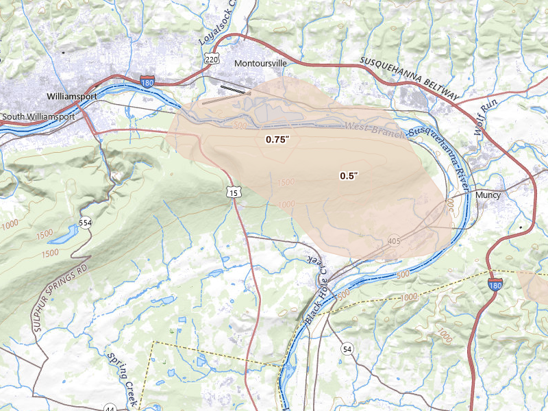 Radar-estimated hail-size map of the storm over Montgomery, PA on Jul 3, 2026