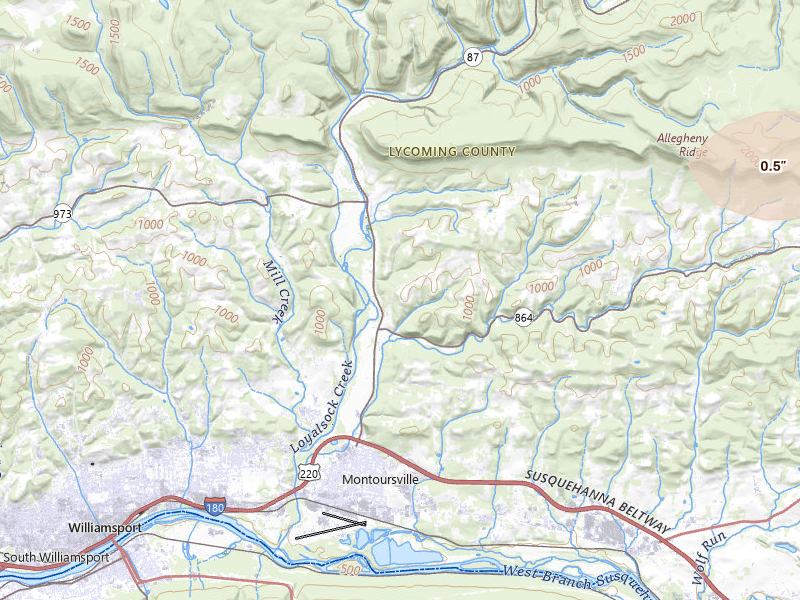 Radar-estimated hail-size map of the storm over Montoursville, PA on Jul 4, 2026