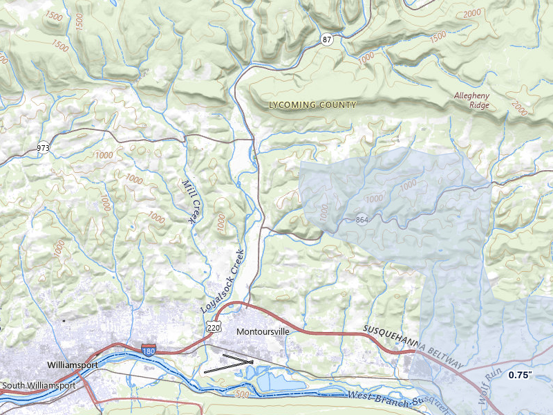 NEXRAD radar-signature map of the hail storm over Montoursville, PA on Aug 27, 2026