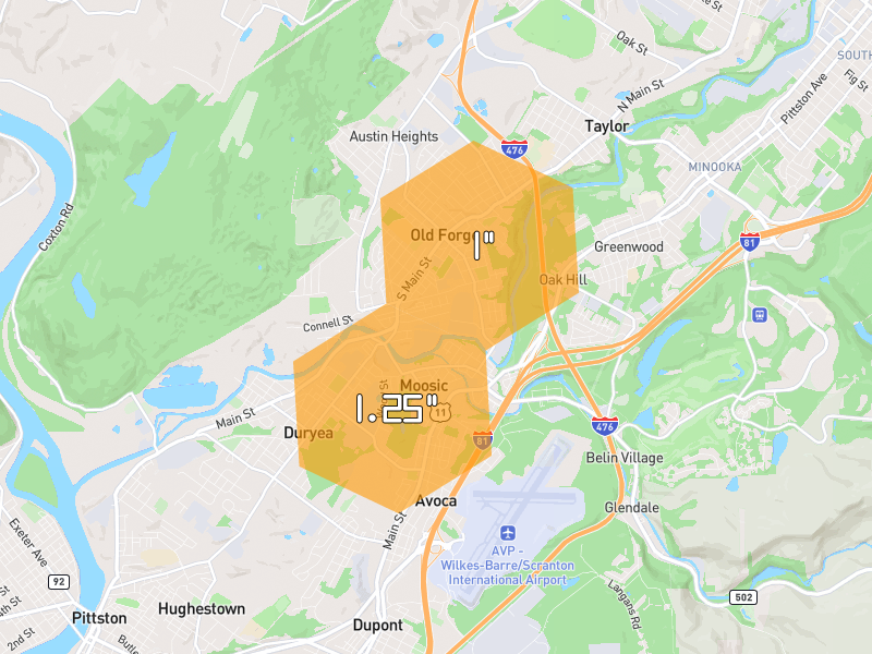 Hail map of Moosic, PA on Jul 4, 2026, hail up to 1.25"