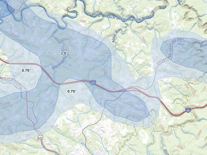 NEXRAD radar-signature map of the hail storm over Morrisdale, PA on Jul 3, 2026