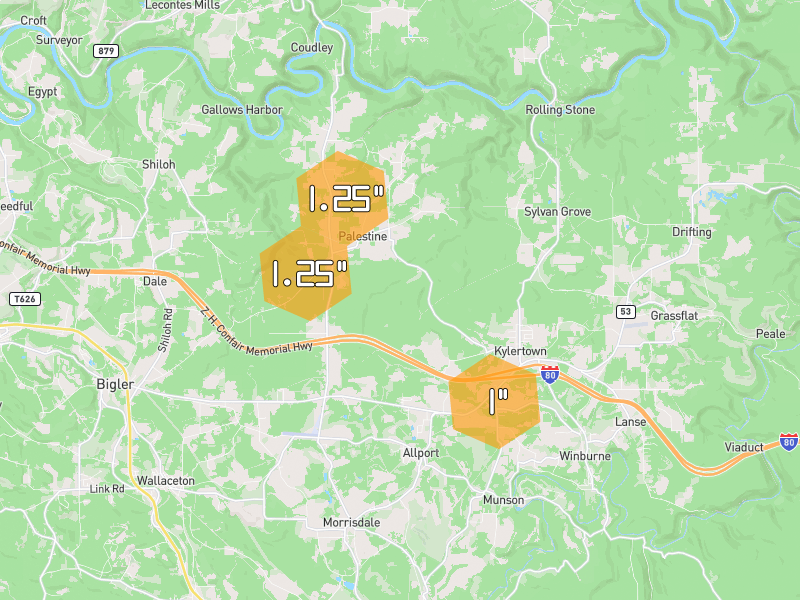Hail map of Morrisdale, PA on Jul 4, 2026, hail up to 1.25"