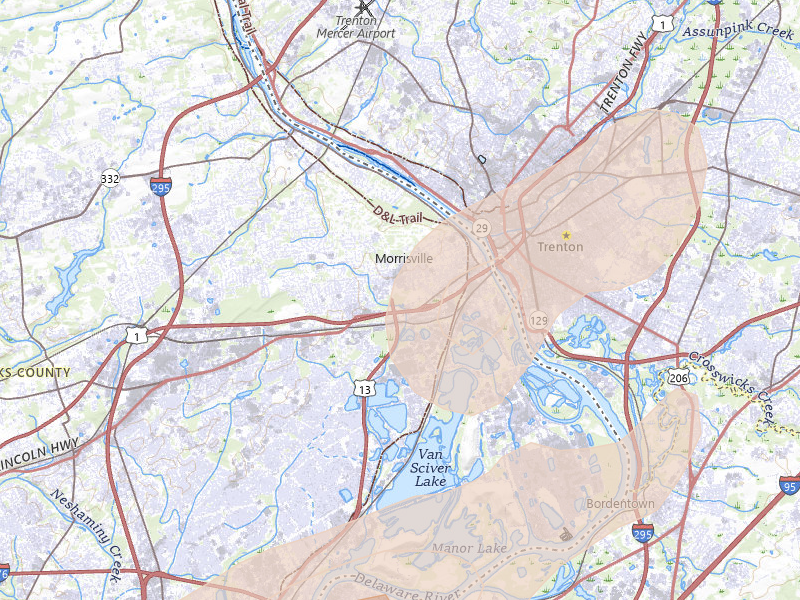 Radar-estimated hail-size map of the storm over Morrisville, PA on Aug 7, 2026