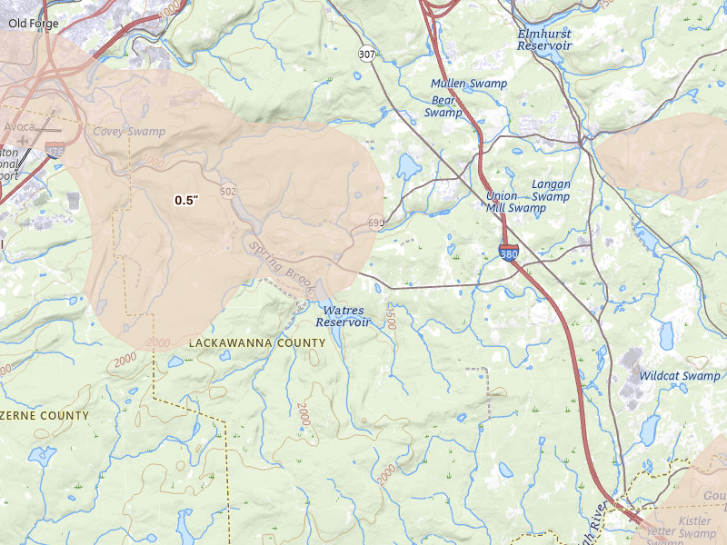 Radar-estimated hail-size map of the storm over Moscow, PA on Jul 4, 2026