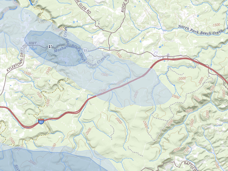NEXRAD radar-signature map of the hail storm over Moshannon, PA on Mar 22, 2026