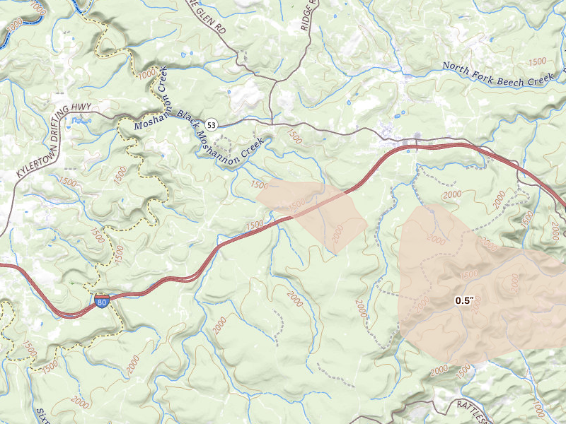 Radar-estimated hail-size map of the storm over Moshannon, PA on Jul 3, 2026
