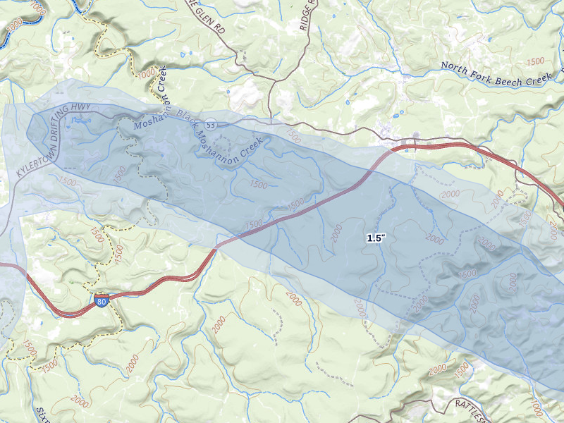NEXRAD radar-signature map of the hail storm over Moshannon, PA on Jul 3, 2026
