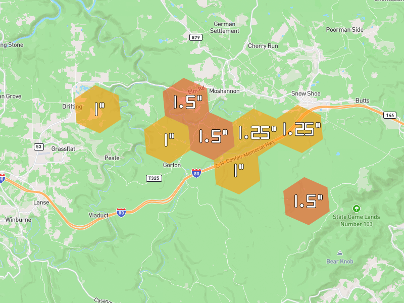 Hail map of Moshannon, PA on Jul 4, 2026, hail up to 1.5"
