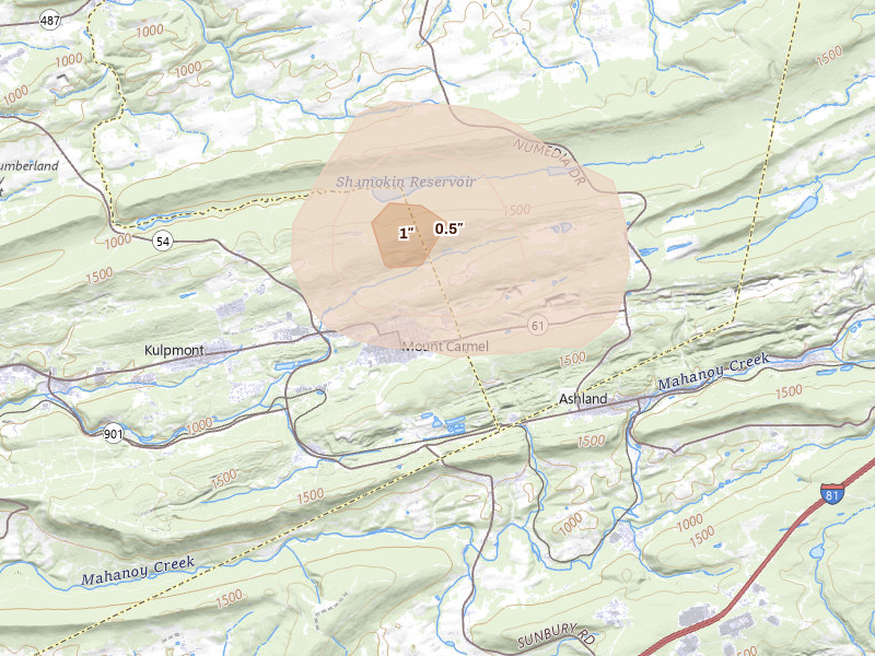 Radar-estimated hail-size map of the storm over Mount Carmel, PA on Jul 3, 2026