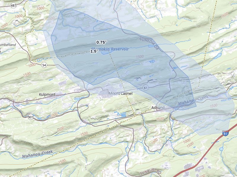 NEXRAD radar-signature map of the hail storm over Mount Carmel, PA on Jul 3, 2026