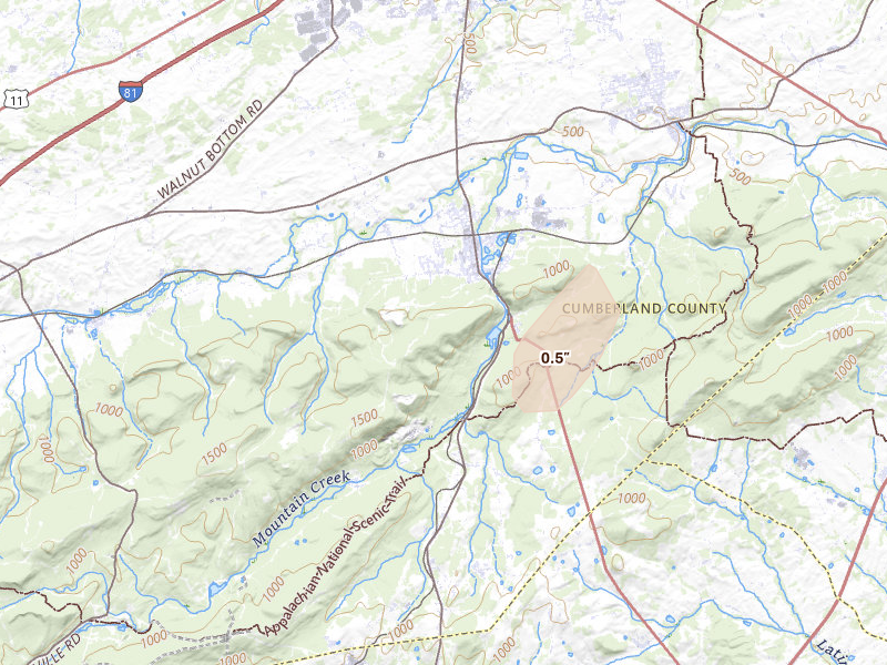 Radar-estimated hail-size map of the storm over Mount Holly Springs, PA on Aug 27, 2026