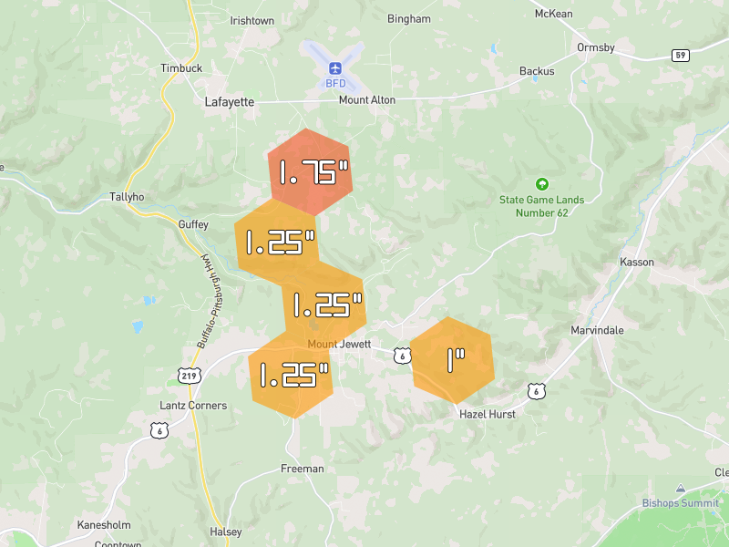 Hail map of Mount Jewett, PA on Jul 28, 2026, hail up to 1.75"