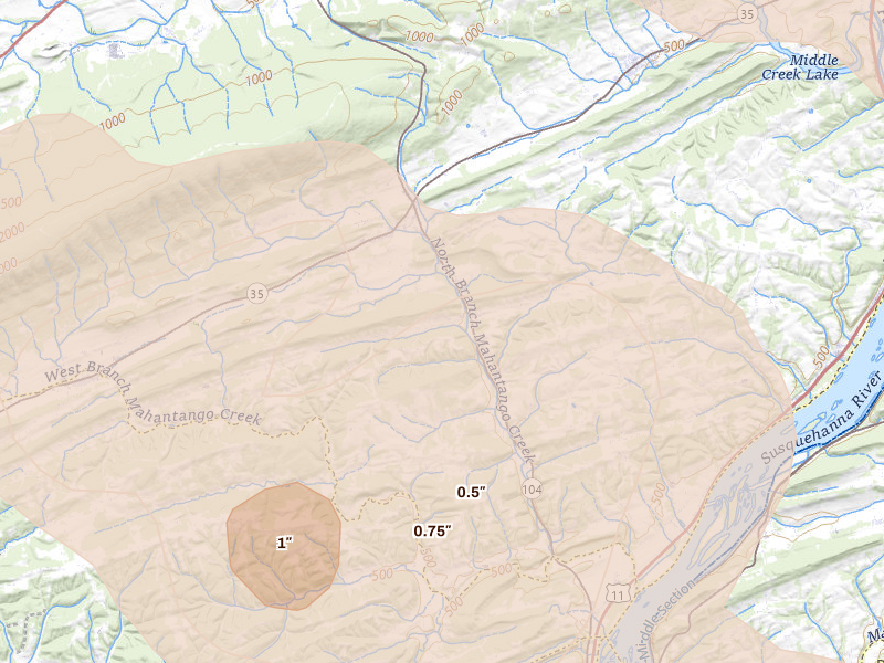 Radar-estimated hail-size map of the storm over Mount Pleasant Mills, PA on Sep 2, 2026