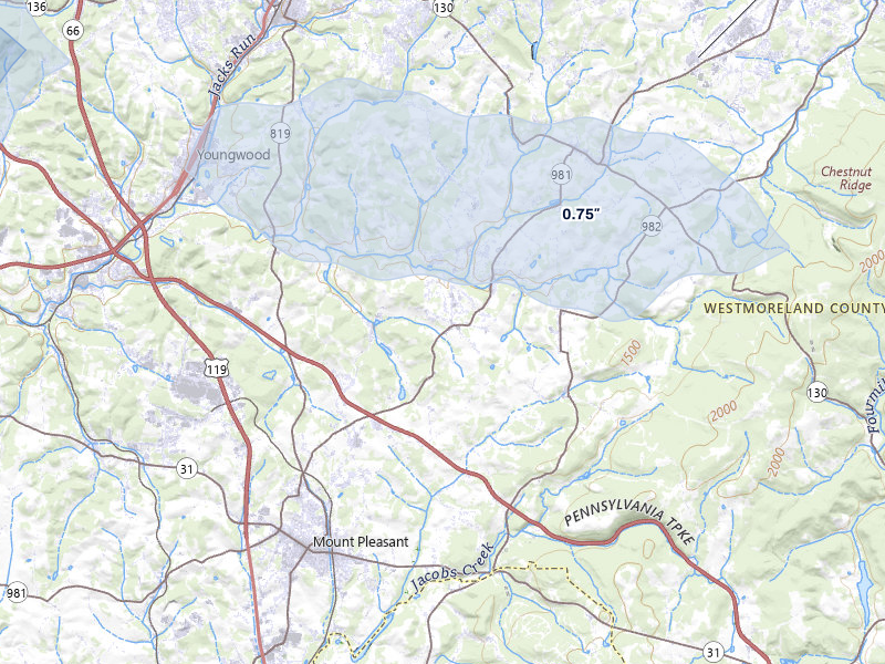 NEXRAD radar-signature map of the hail storm over Mount Pleasant, PA on Mar 22, 2026