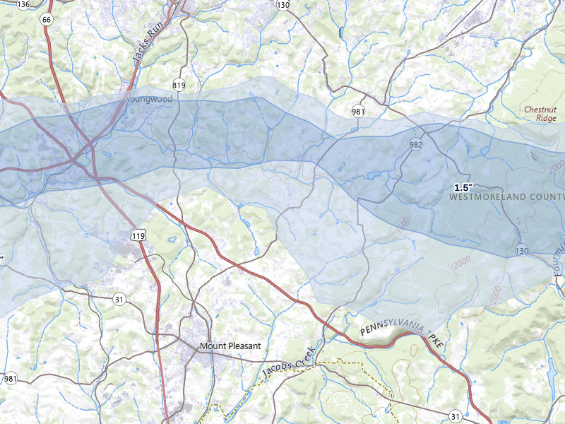 NEXRAD radar-signature map of the hail storm over Mount Pleasant, PA on May 13, 2026